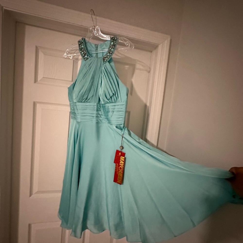 Aqua Halter Dress with Beaded Neckline